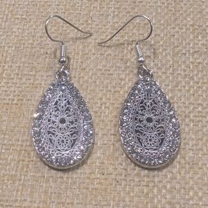 silvertoned filigree teardrop drop earrings With Rhinestone Accents